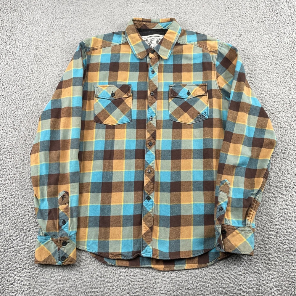 Fox Racing Flannel Shirt Mens L Brown Blue Created To Destroy Plaid Long Sleeve